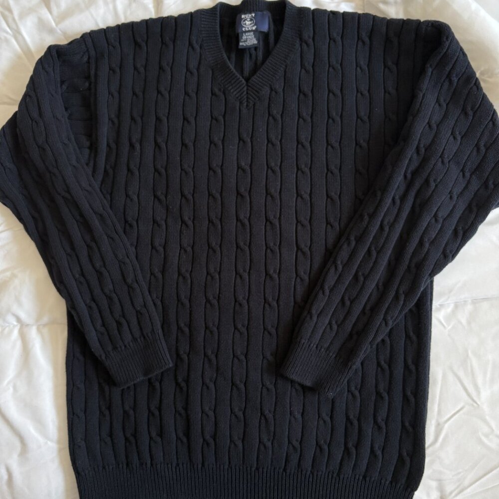 Hunt Club Men's Cable Knit Sweater Black V Neck Cotton Preppy Grandpacore L